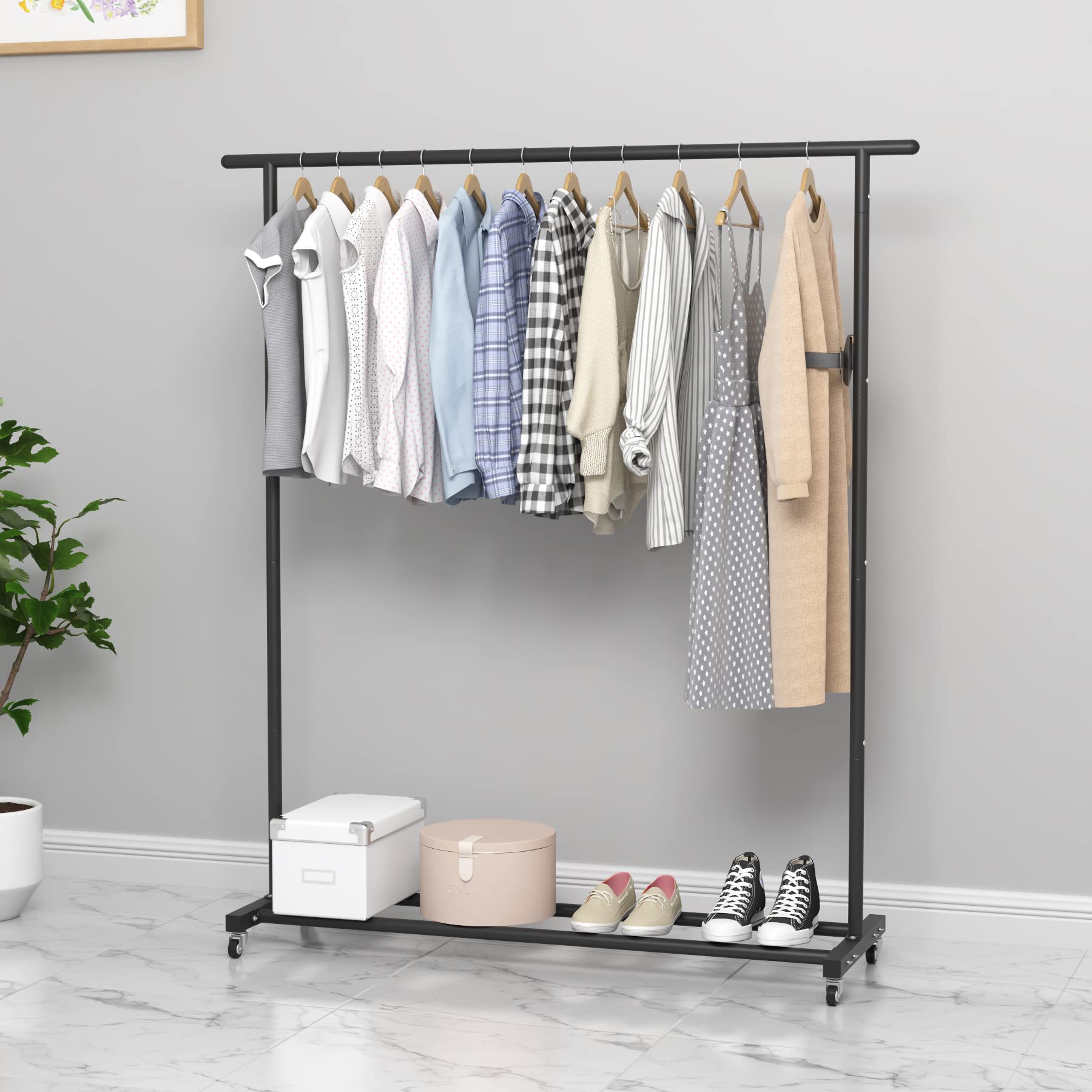 Buzowruil Clothing Clothes Rack Standard Rod Simple Rolling Metal Garment Rack Organizer Freestanding Hanger With Wheels,Black